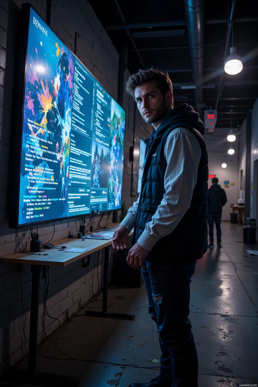 A person stands in a dimly lit room with a large screen displaying colorful graphics and text.