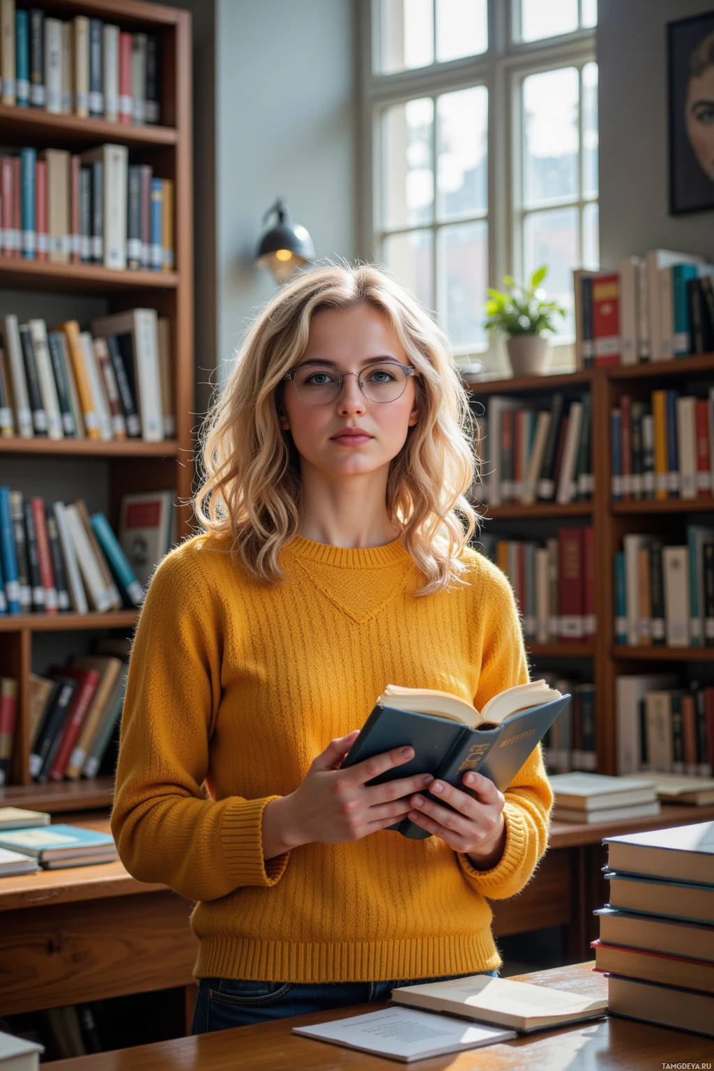 A person in a yellow sweater holds an open book in a library setting.
