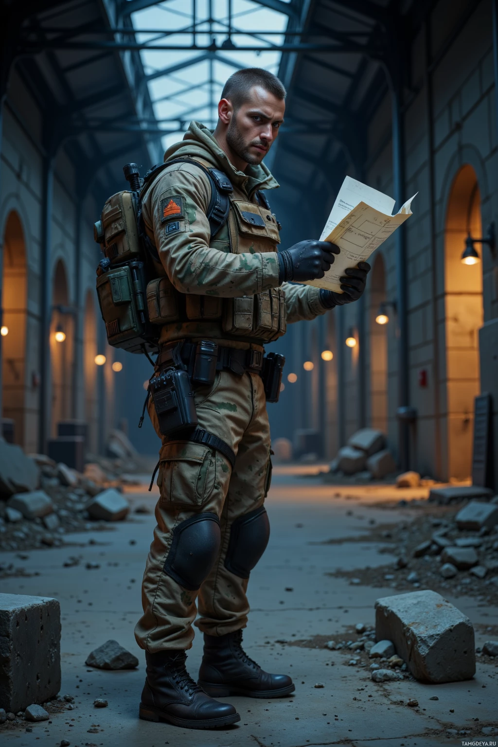 A soldier in tactical gear stands in a dimly lit, debris-filled corridor, reading a document.