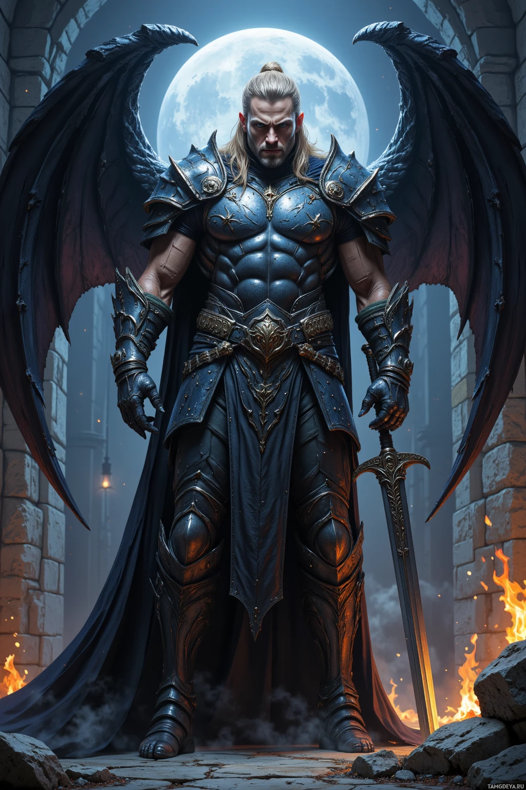 A powerful armored warrior with wings stands in front of a full moon, holding a sword.