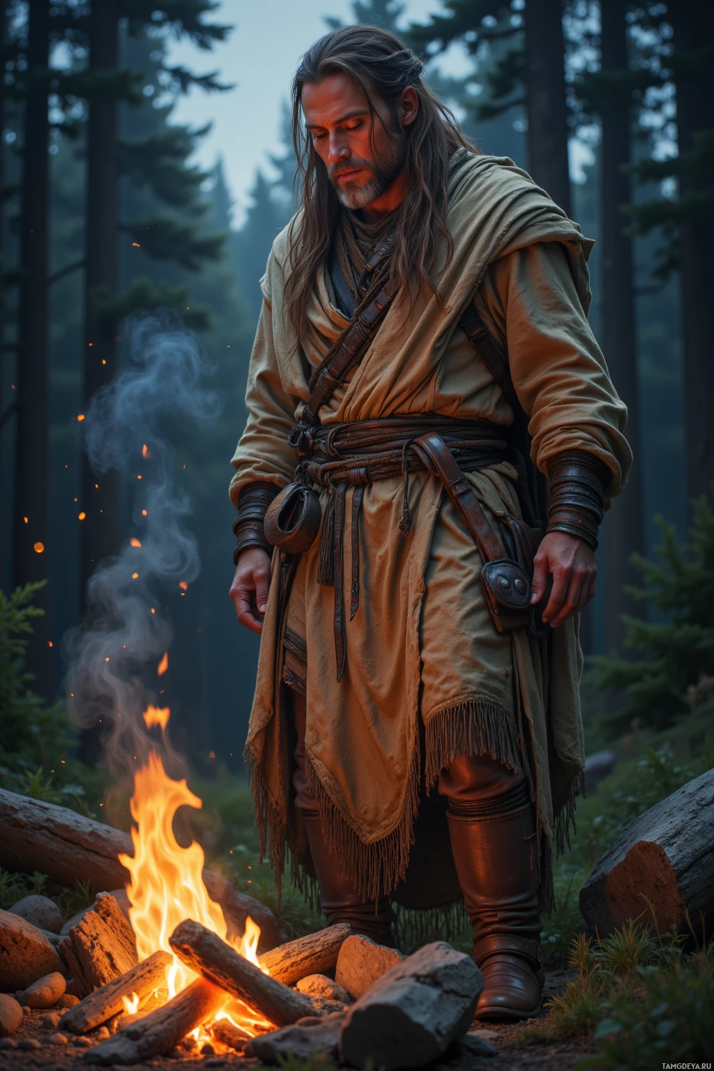 A man in rustic attire stands beside a campfire in a forest.
