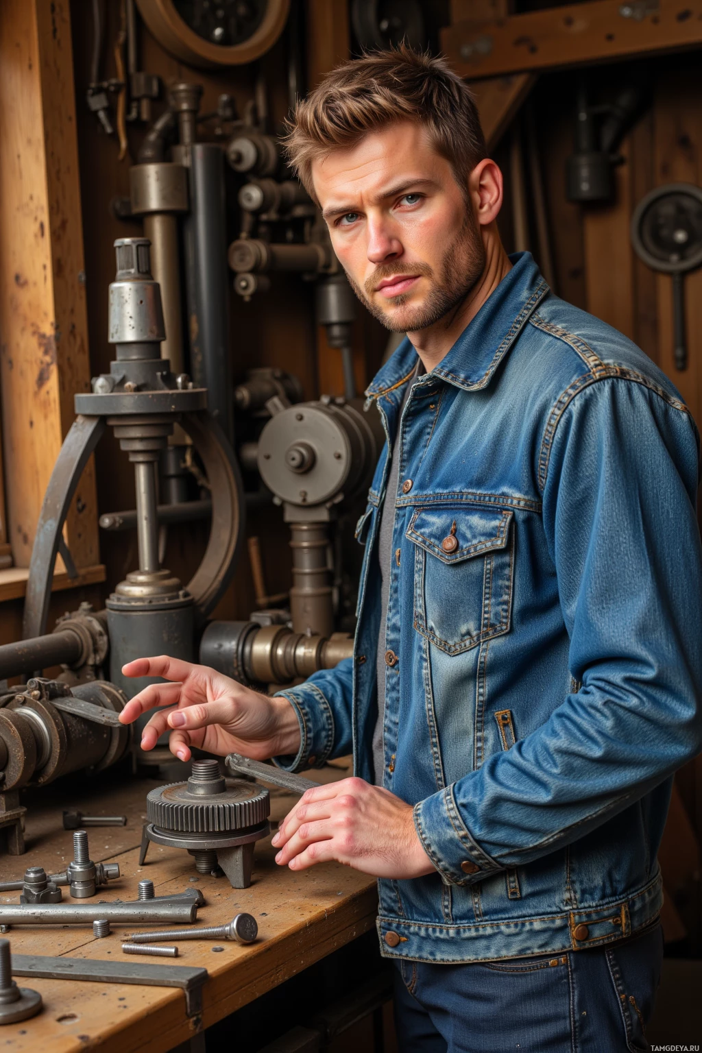 A man in a denim jacket stands in a workshop surrounded by machinery and tools.