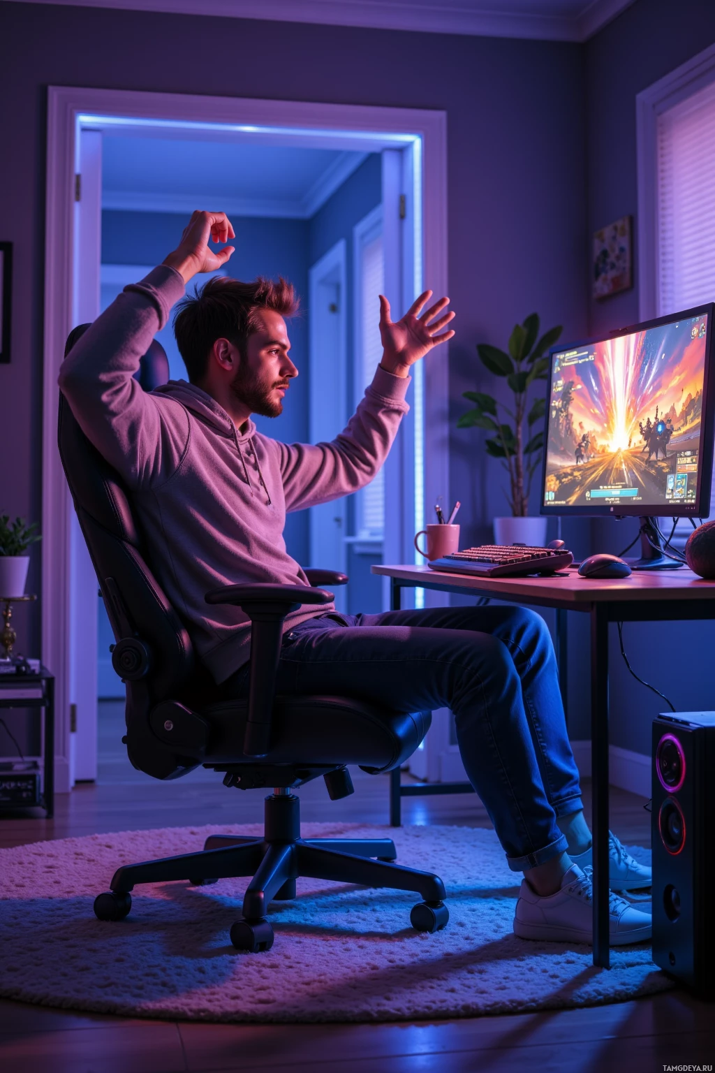 A person is sitting in a gaming chair in front of a computer monitor, with their hands raised in excitement.