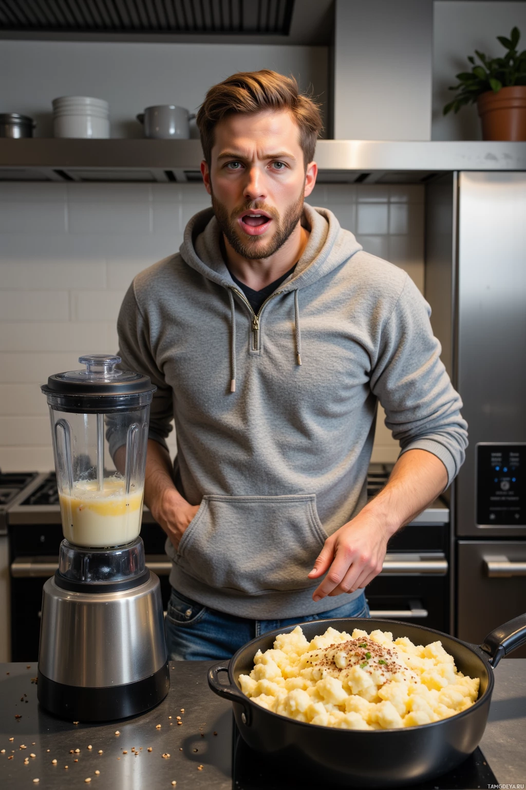 A man stands in a kitchen, holding a blender and pointing at a pot of mashed potatoes.