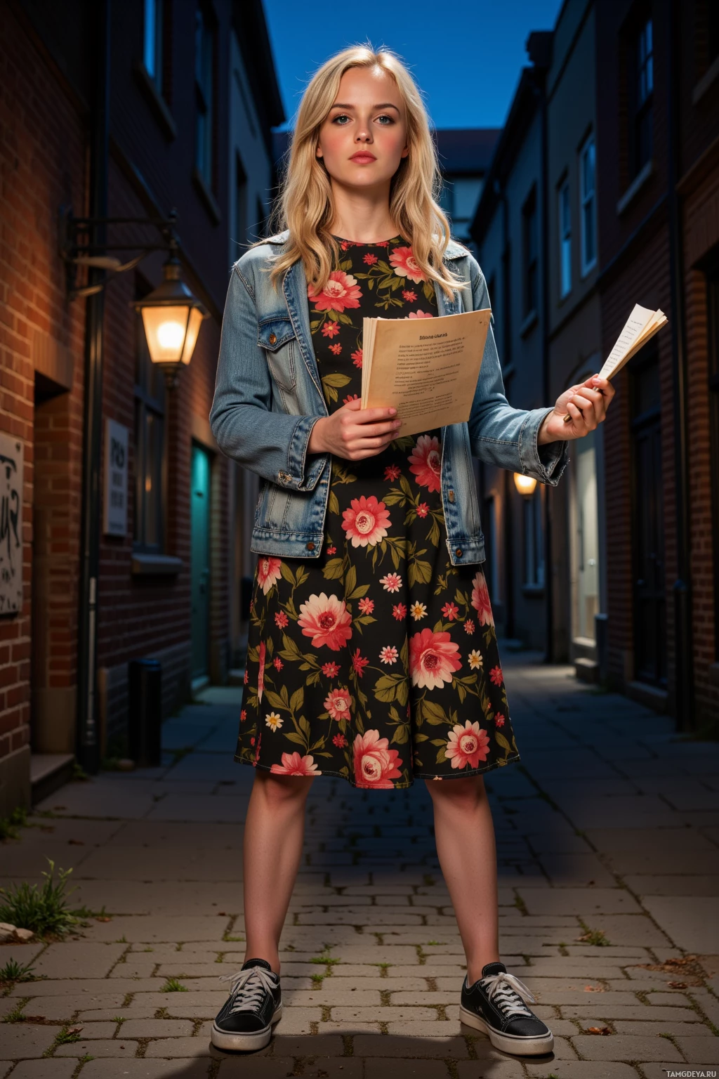 A person stands in an alleyway at dusk, holding a book, wearing a floral dress and a denim jacket.