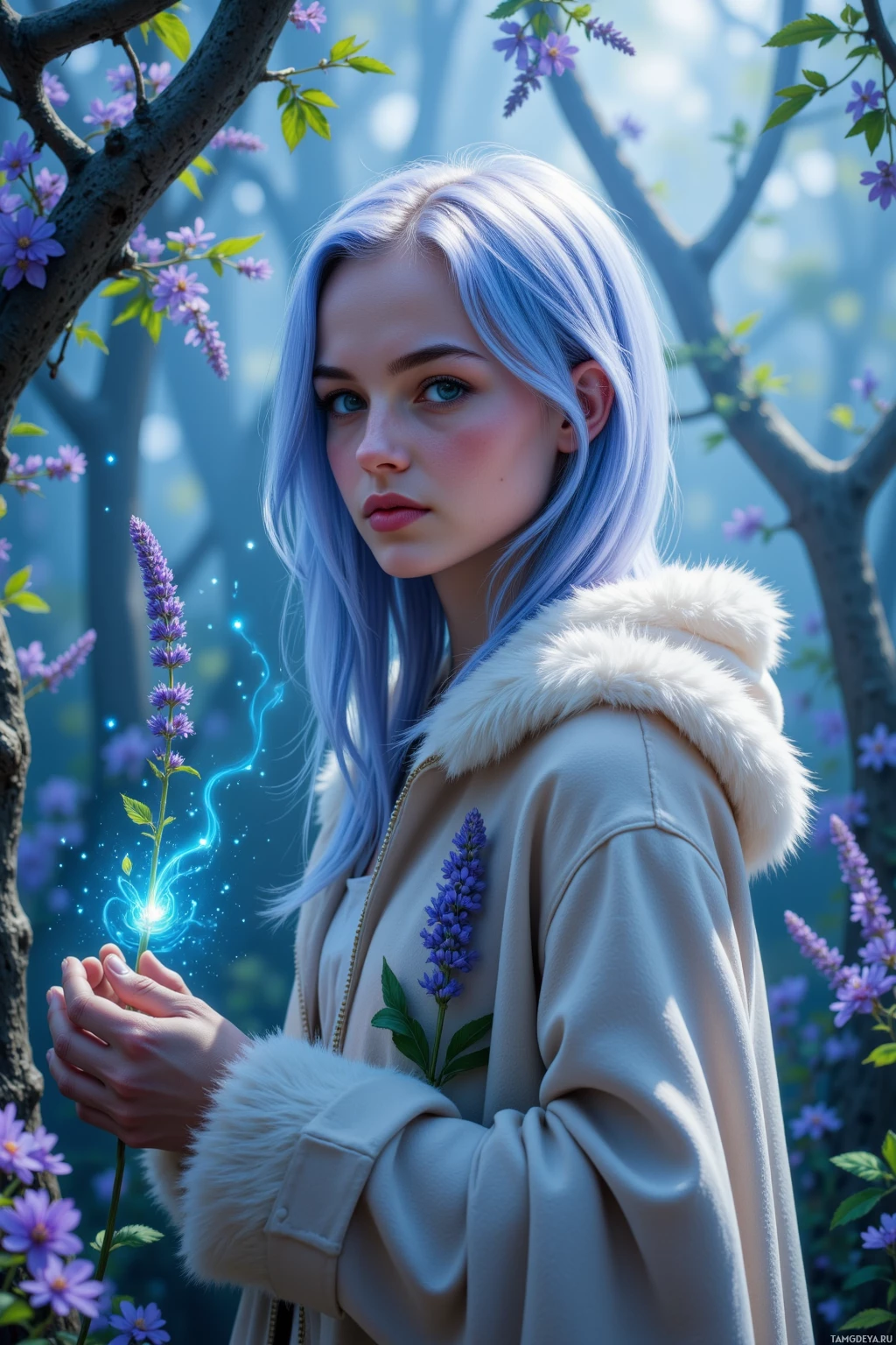 A person with light blue hair stands in a magical forest, holding a glowing purple flower.