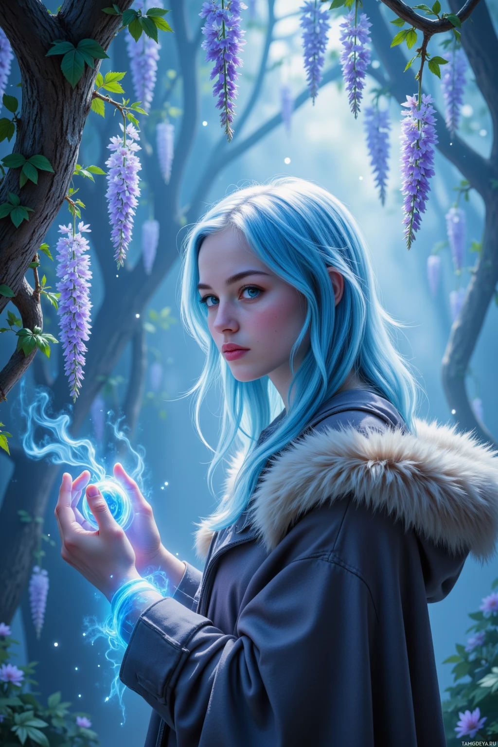 A person with blue hair stands in a forest with wisteria flowers, holding a glowing orb.
