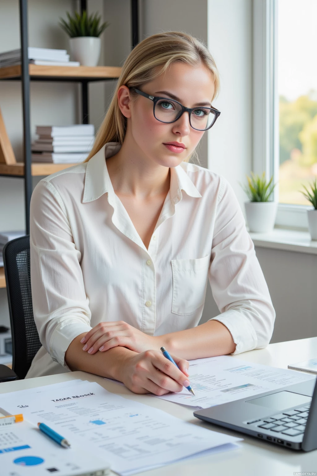 A woman in a white shirt sits at a desk with papers and a laptop, appearing focused.
