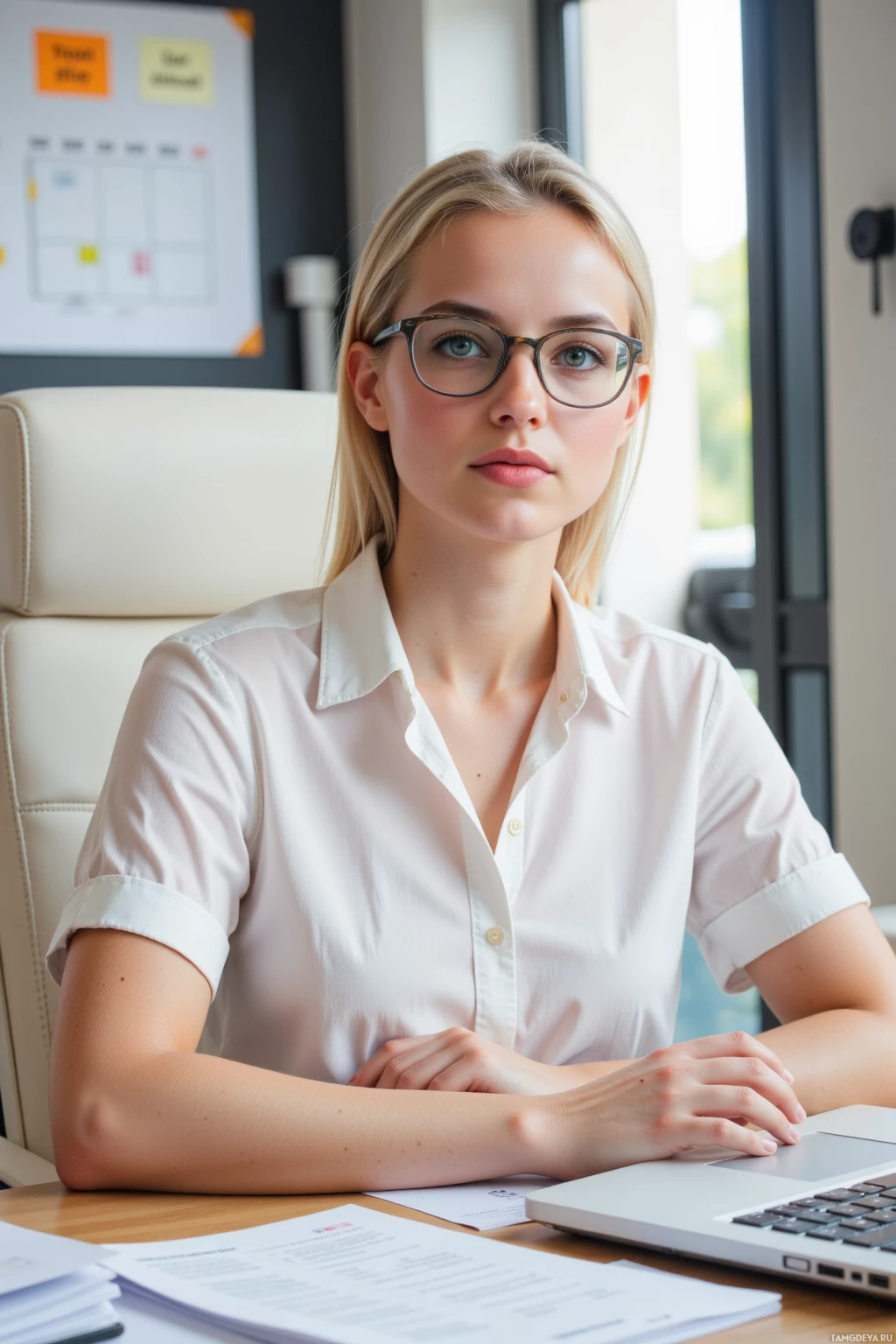 A woman in a white shirt sits at a desk with a laptop and papers, in a professional setting.