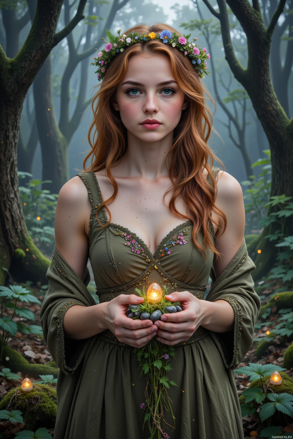 A woman in a forest setting, wearing a floral crown and a green dress, holds a glowing orb in her hands.