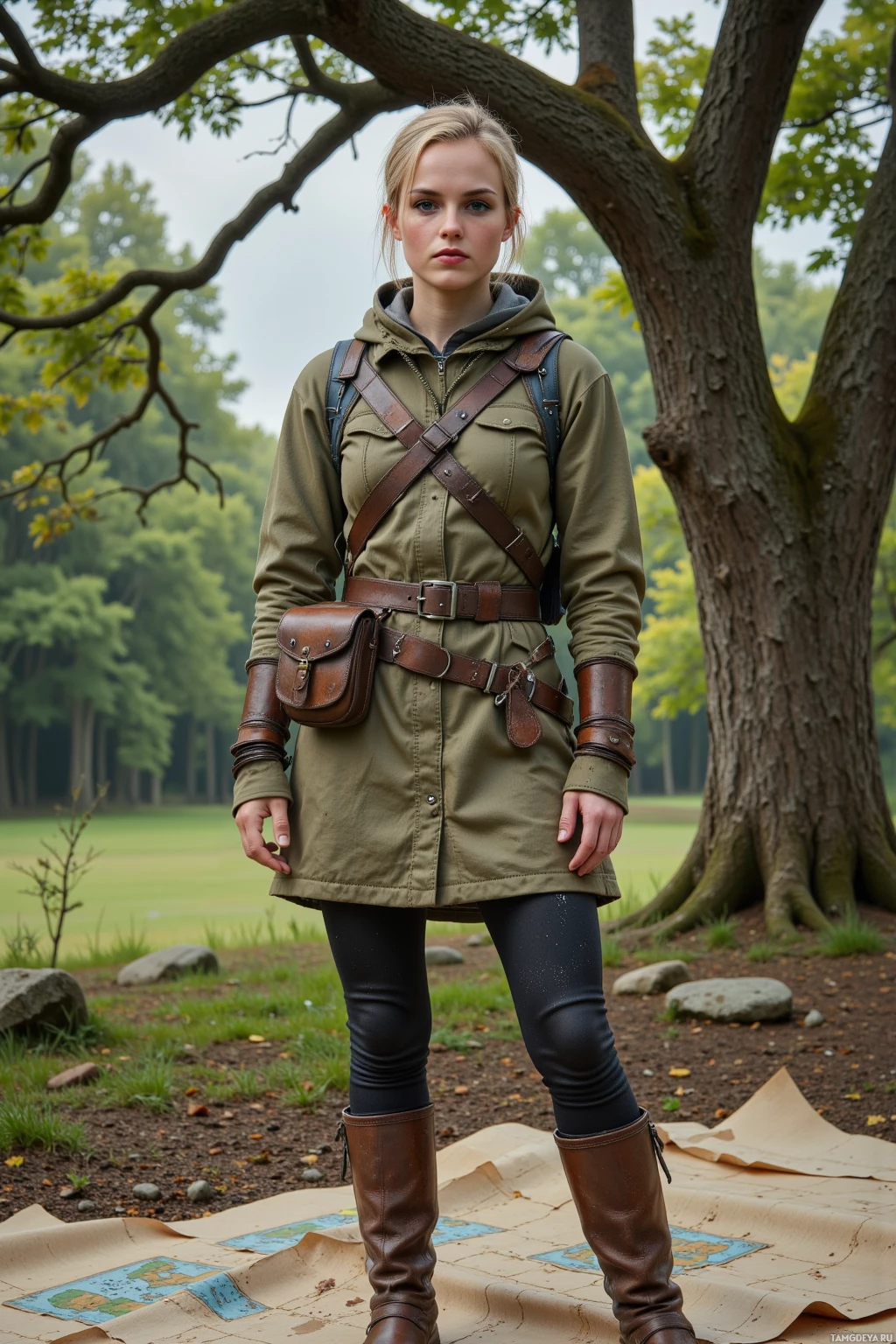 A person in outdoor attire stands in a forested area with a map on the ground.