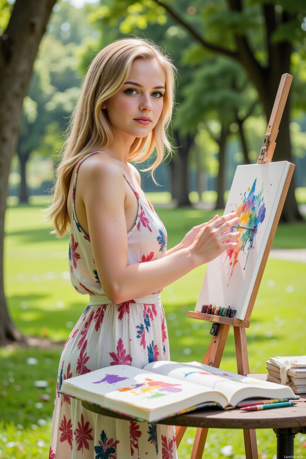 A woman in a floral dress is painting outdoors in a park.
