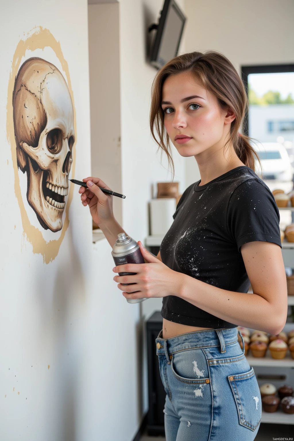 A person is painting a skull on a wall using a spray can and a brush.