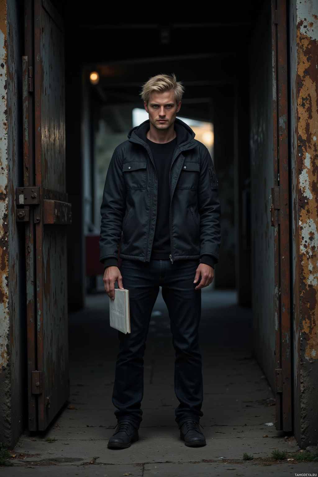 A man stands in a dimly lit alleyway, holding a book, dressed in dark clothing.