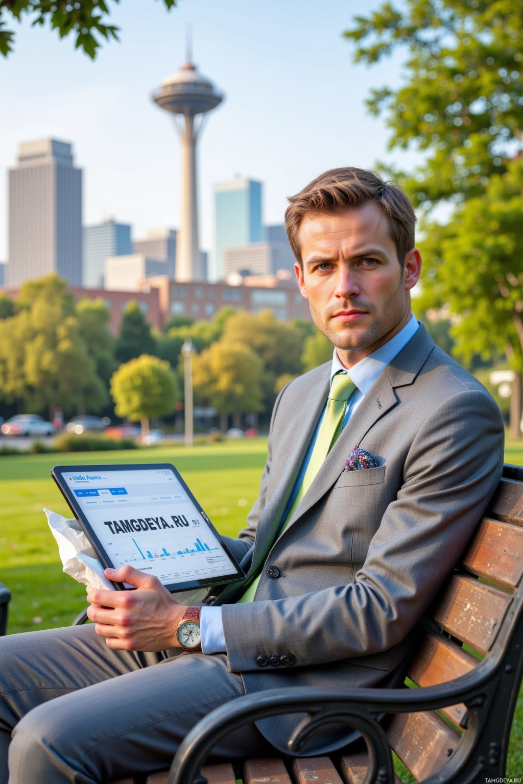A man in a suit sits on a bench in a park, holding a tablet displaying a webpage.