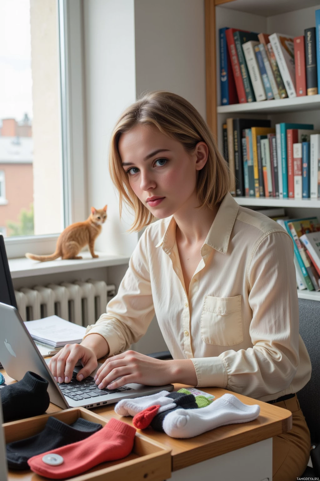 A woman is sitting at a desk with a laptop, surrounded by books and socks.