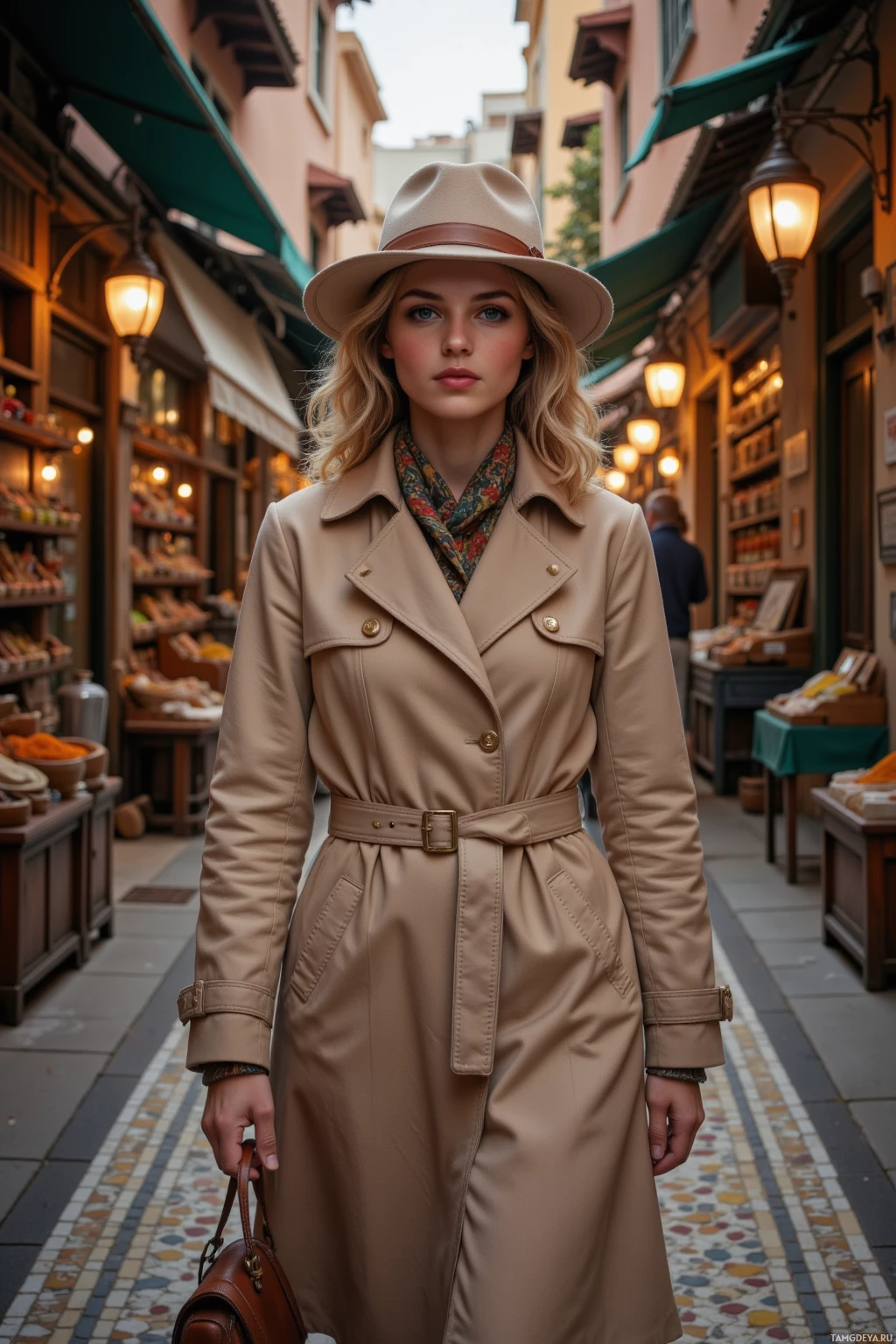 A woman in a beige trench coat and hat walks through a narrow street market.
