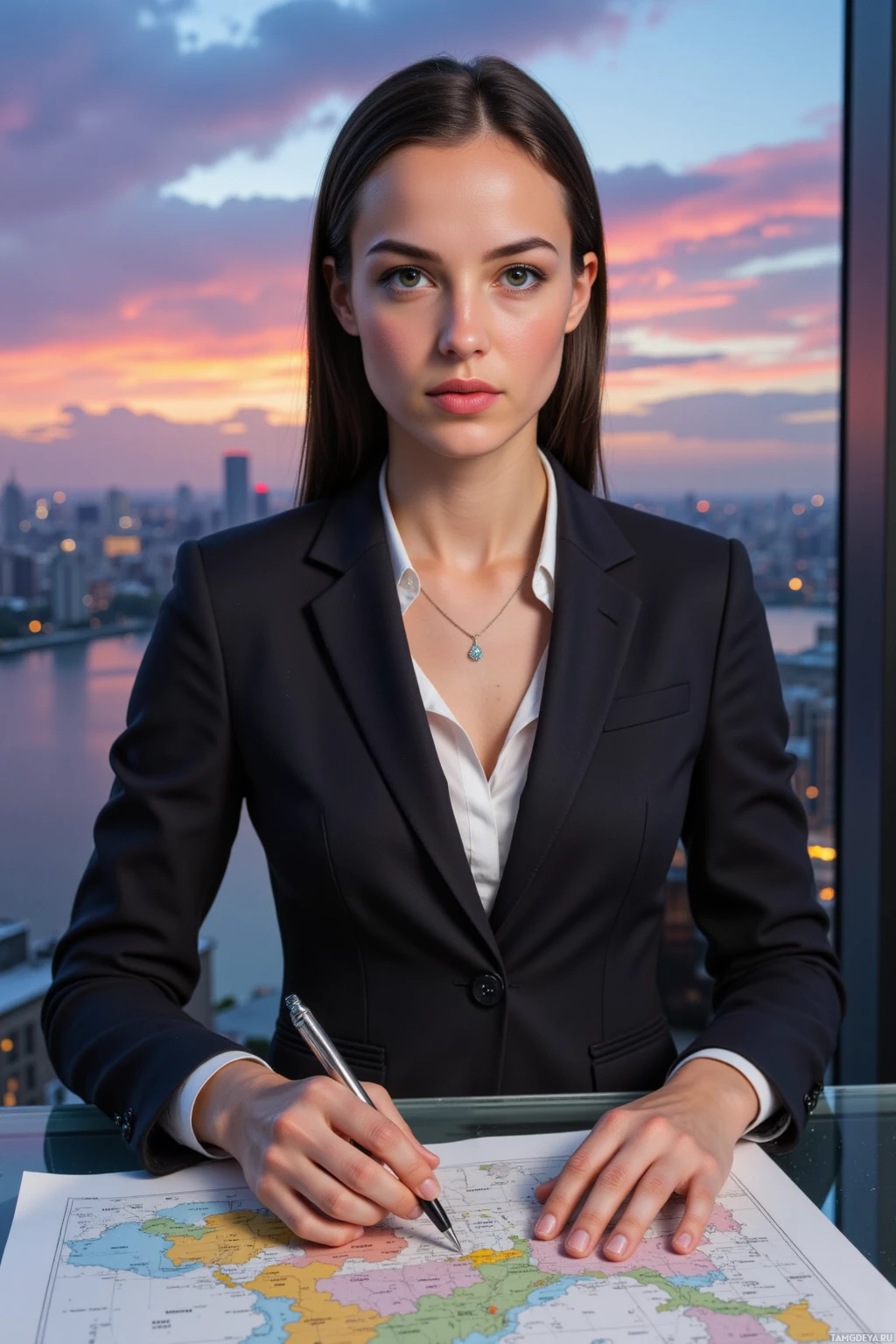 A woman in a professional suit stands at a desk with a map, holding a pen.