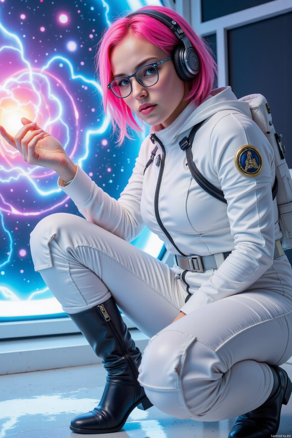 A person in a futuristic white outfit with pink hair and headphones, crouching in a sci-fi setting.