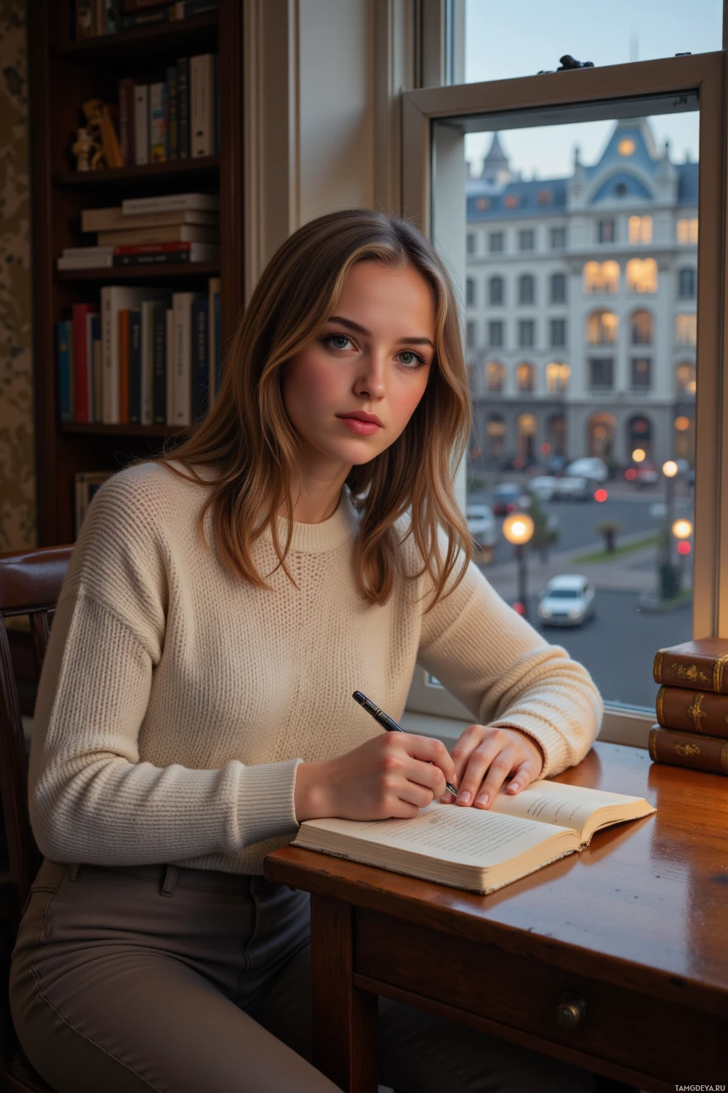 A woman sits at a desk by a window, writing in a notebook.