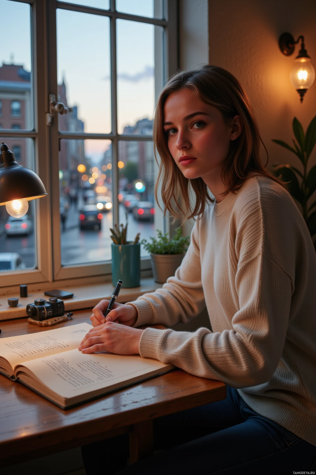 A woman sits at a desk by a window, writing in a notebook.