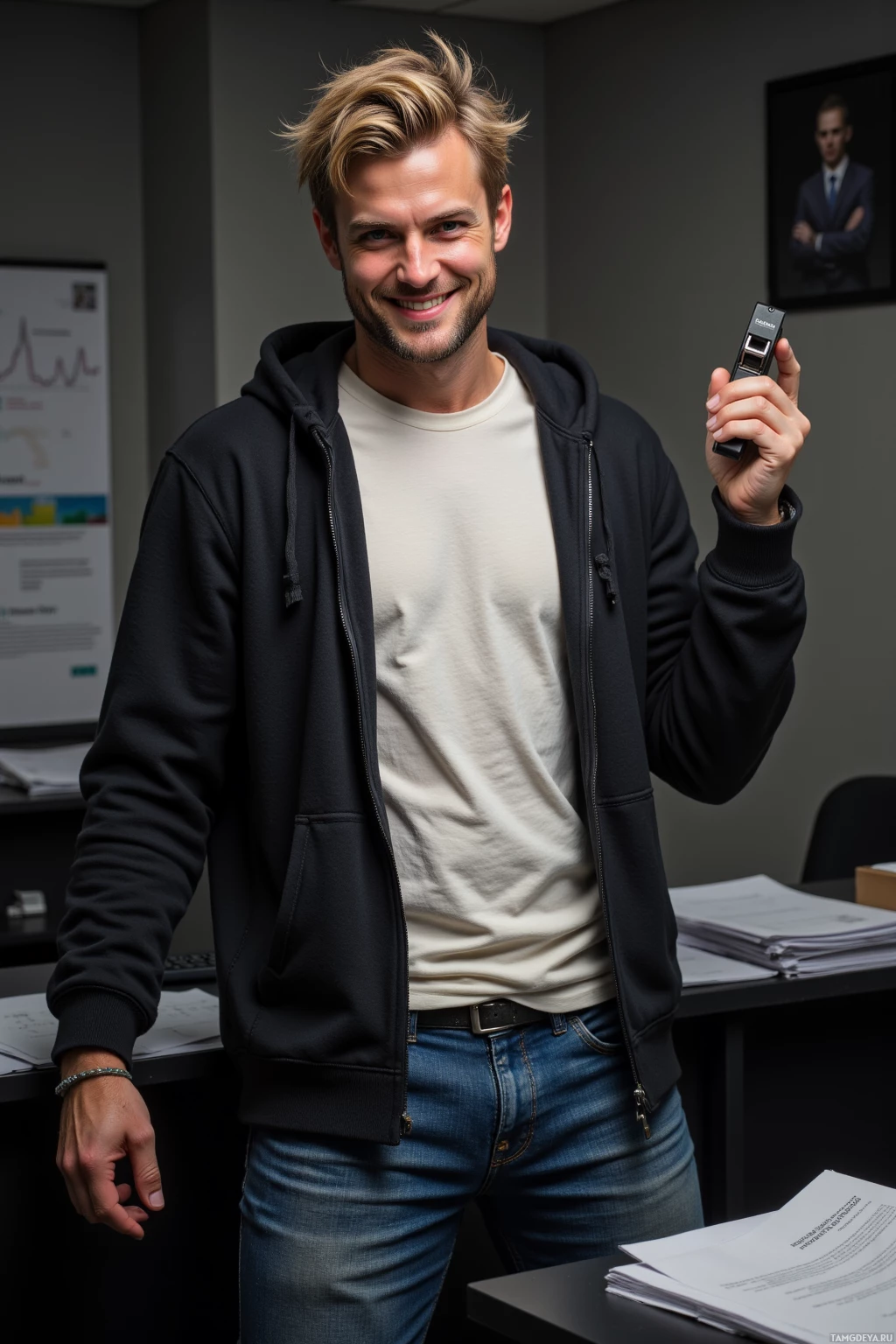 A man in a hoodie and jeans holds a device in an office setting.