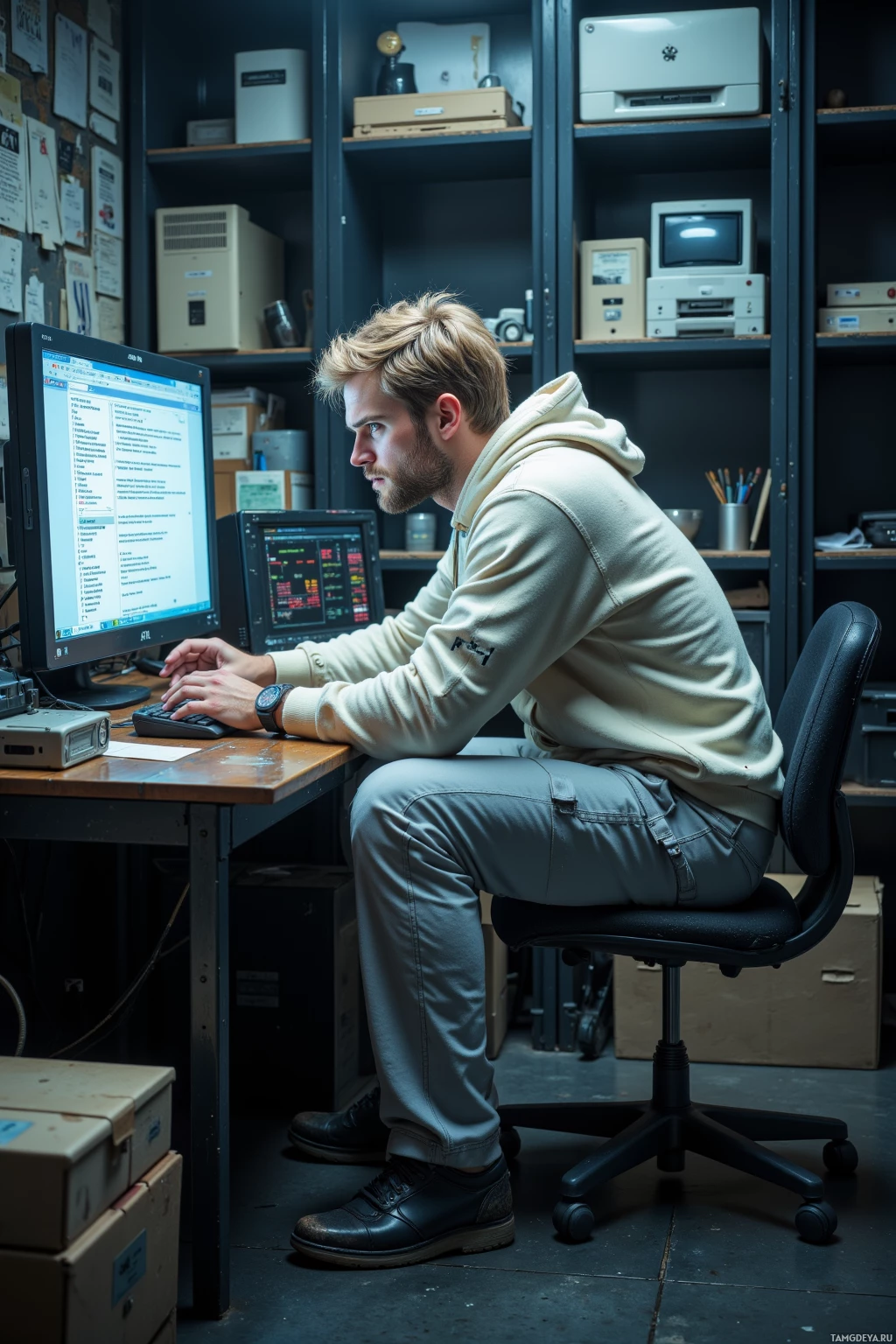 A man in a hoodie works at a desk with two monitors in a cluttered office space.