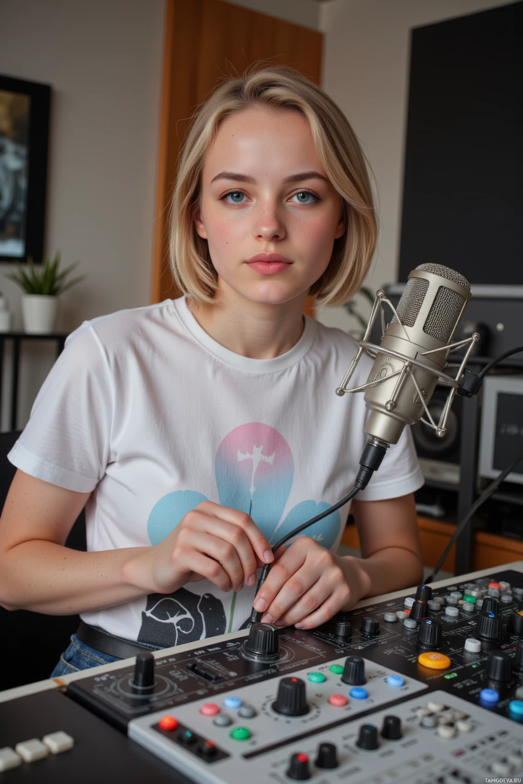 A person wearing a white t-shirt with a graphic design is adjusting a microphone in front of a mixing console.