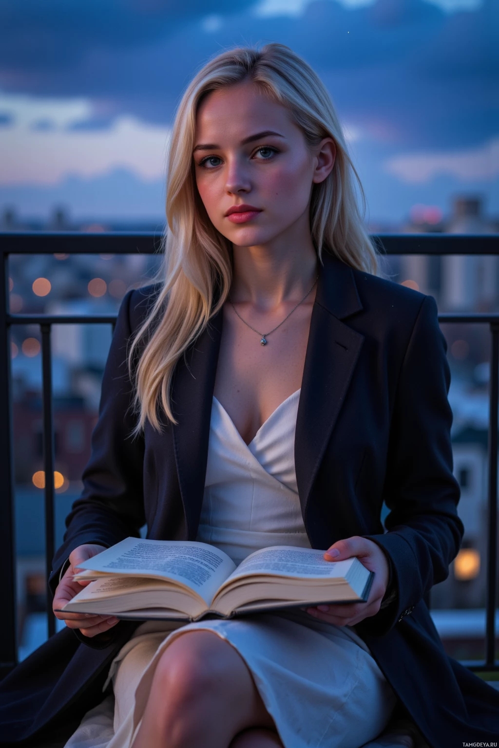 A woman sits on a balcony, holding an open book, with a cityscape in the background.