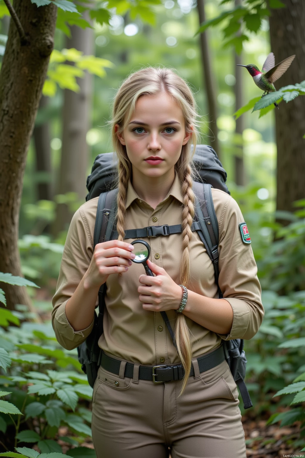 A person in outdoor attire holding a magnifying glass, standing in a forest.