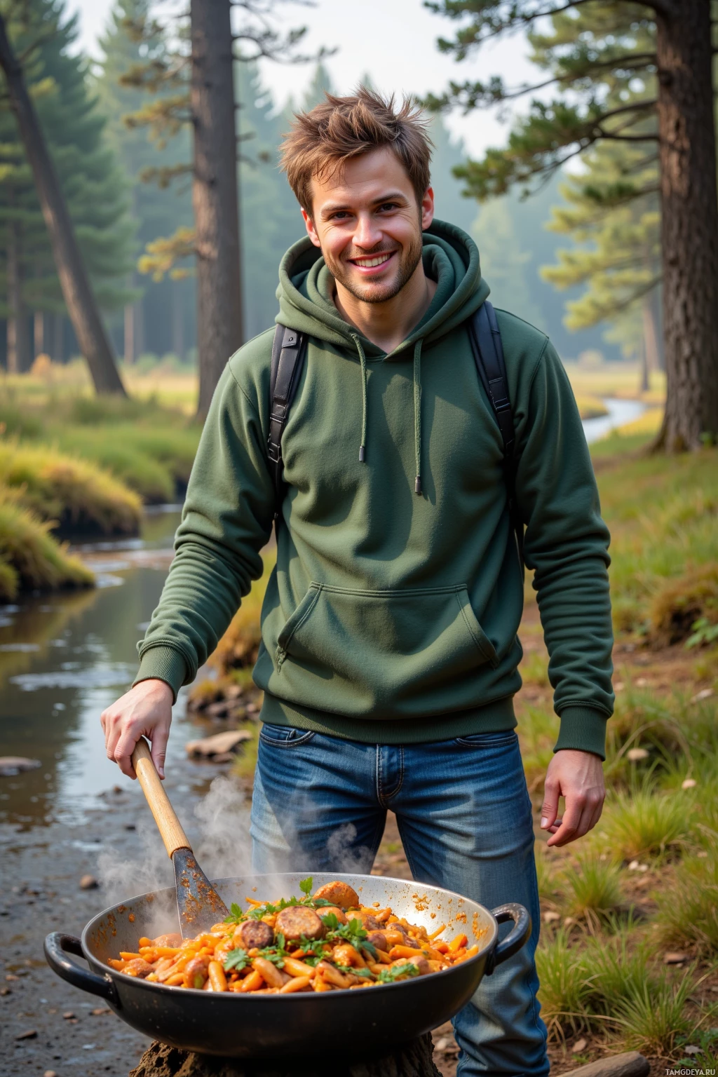 A man in a green hoodie stands in a forest holding a steaming pot of food.