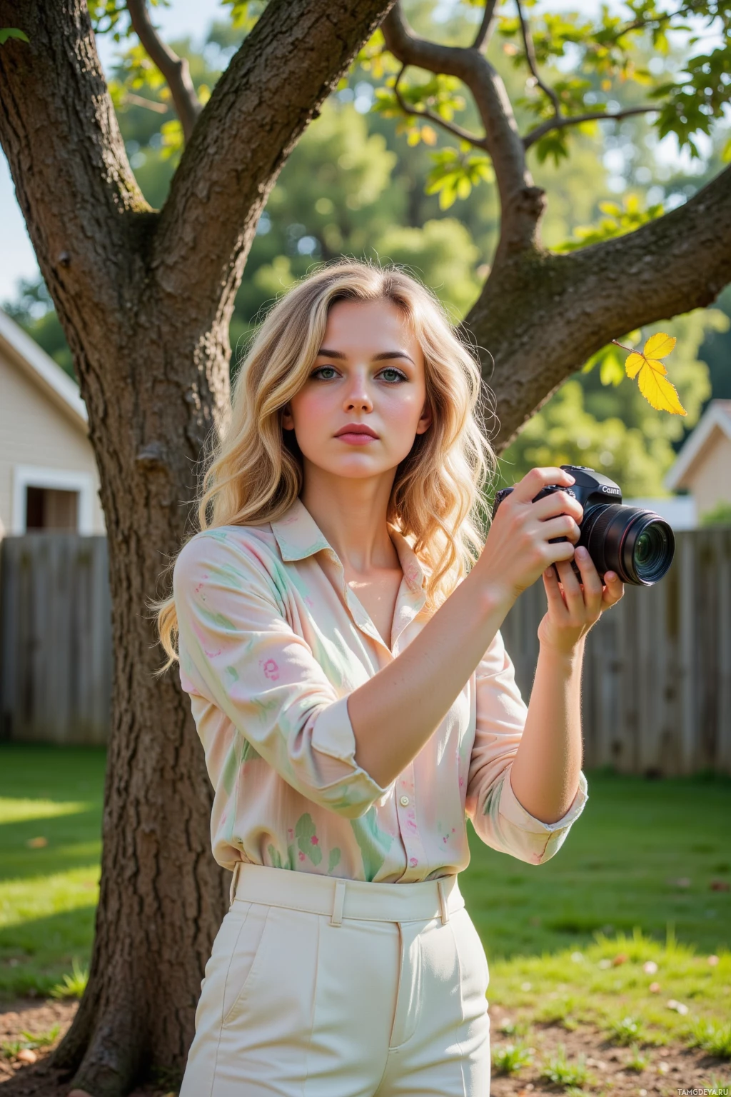 A woman stands outdoors holding a camera, wearing a light-colored blouse and beige pants.