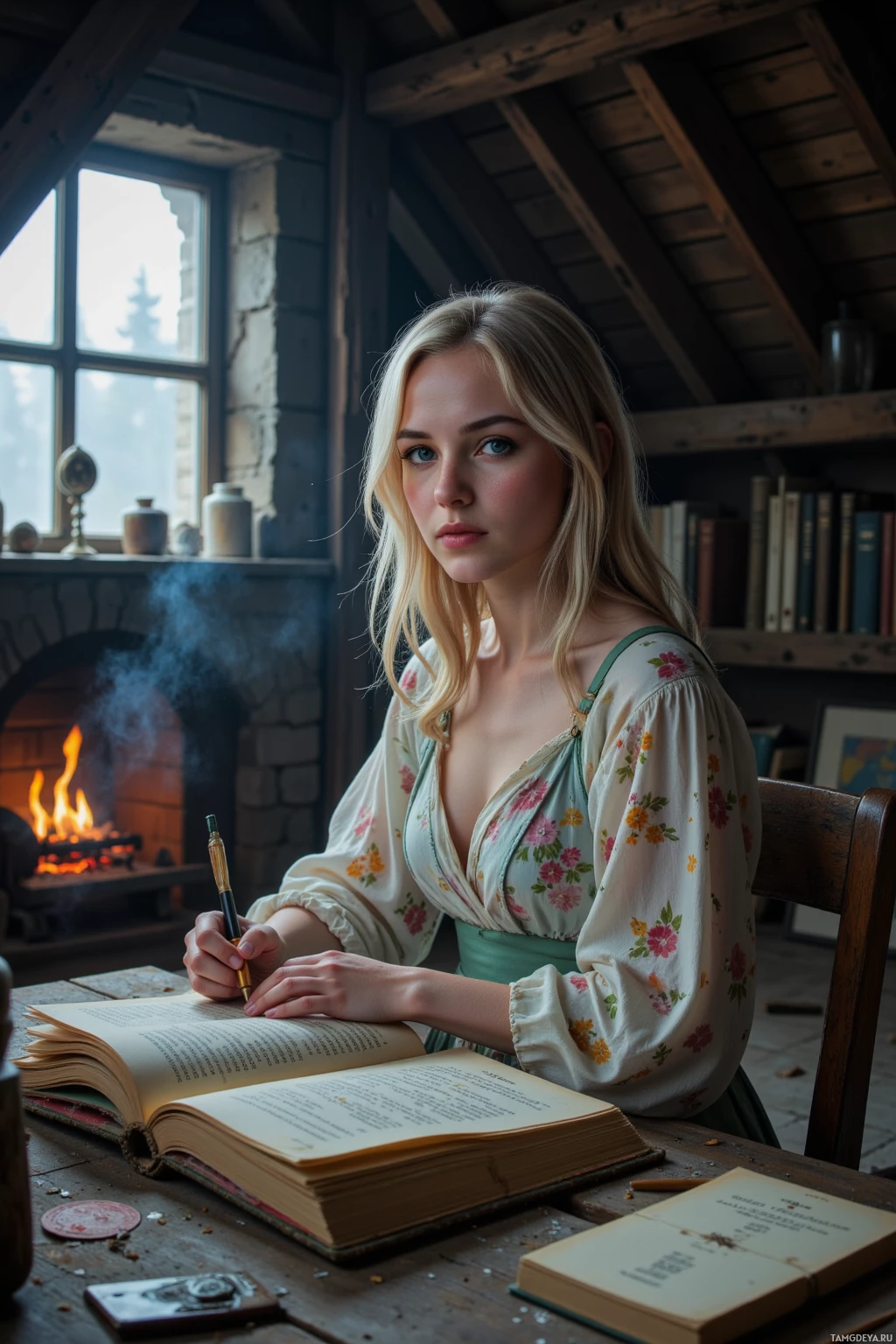 A woman sits at a rustic table, writing in a book by a fireplace.