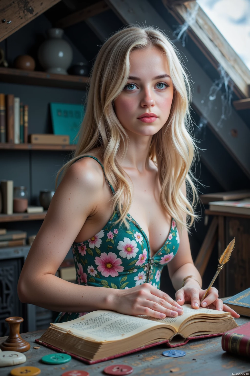 A woman with long blonde hair sits at a desk, holding a quill and looking at an open book.