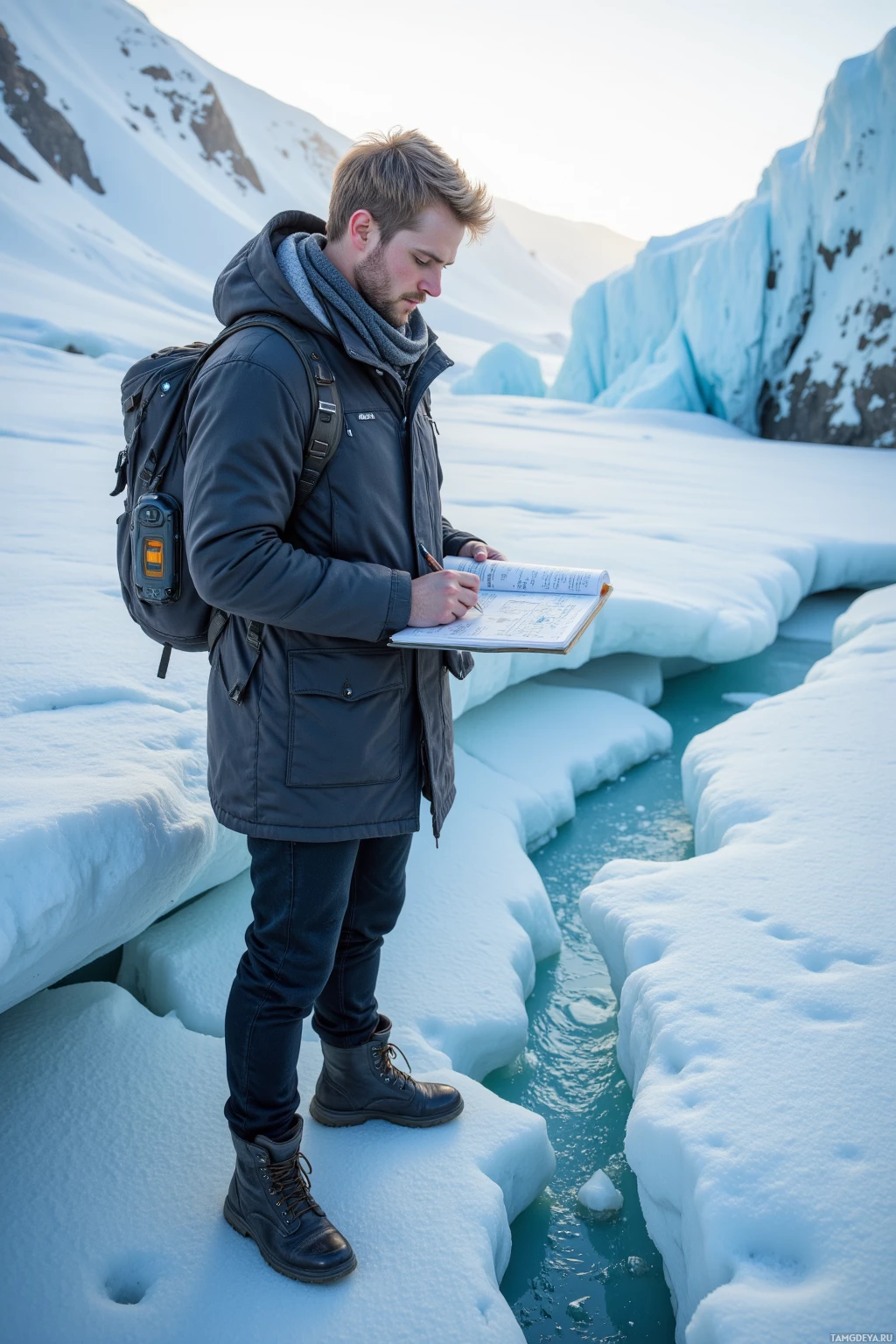 A person in winter clothing stands on ice, writing in a notebook.