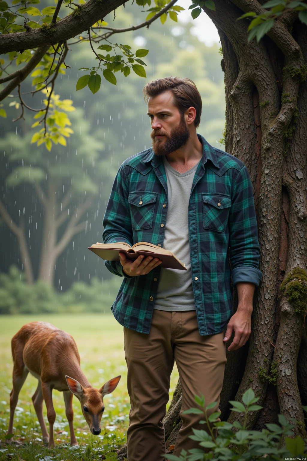 A man in a plaid shirt stands in the rain, reading a book, with a deer nearby in a forest setting.