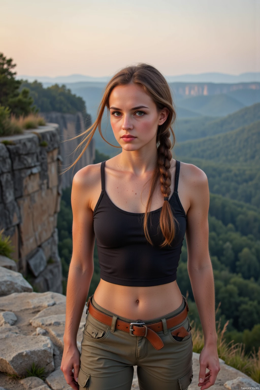 A woman stands on a rocky overlook, wearing a black crop top and cargo pants, with a scenic forested valley in the background.