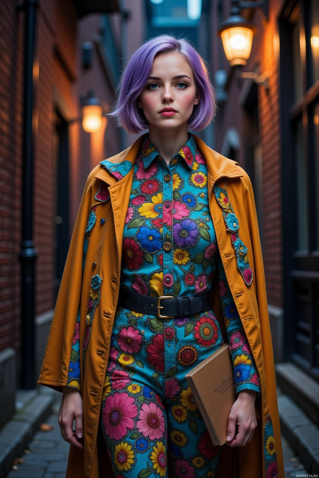 A person with purple hair stands in a narrow alleyway, wearing a vibrant floral shirt and a mustard-colored coat, holding a book.