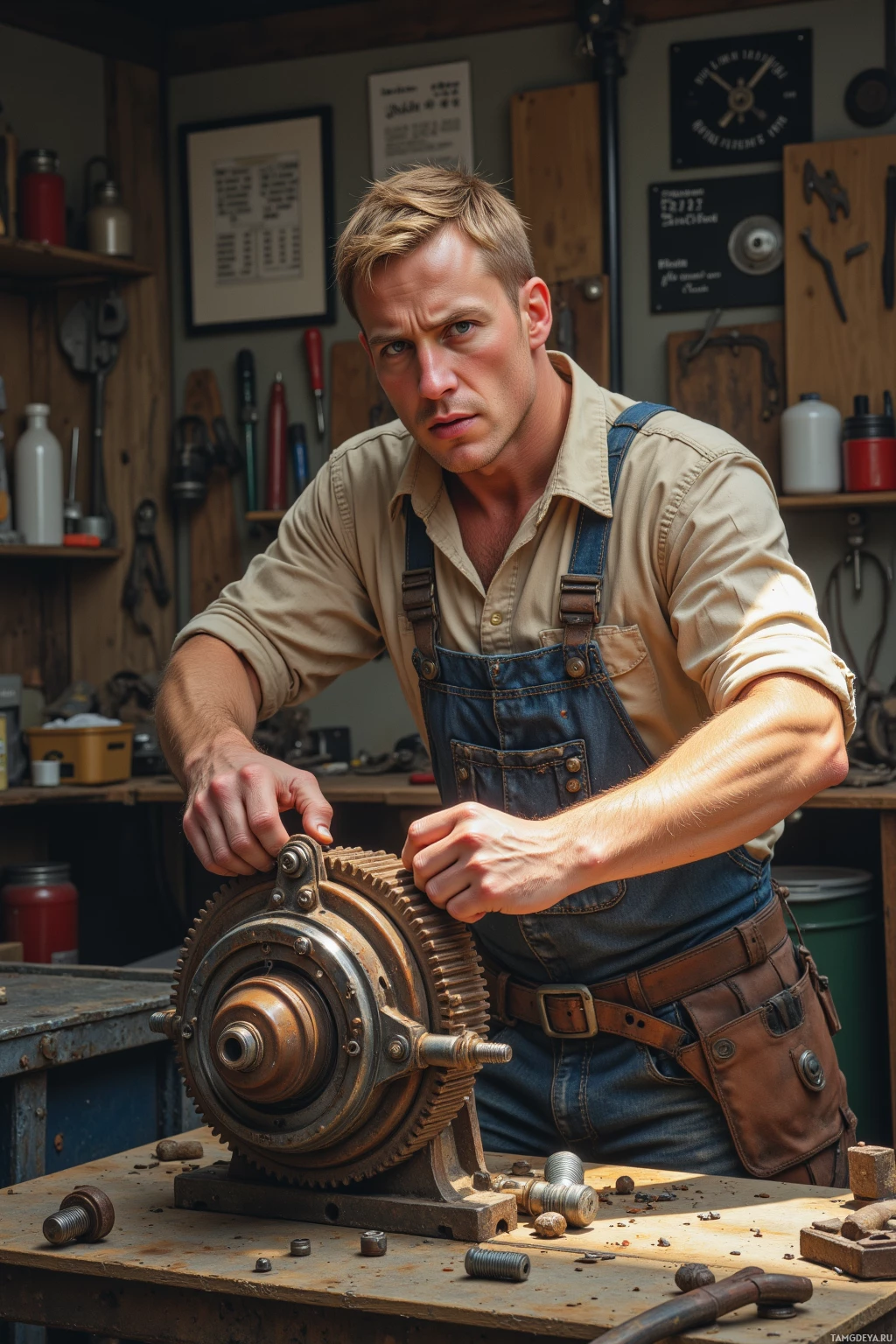 A man in a workshop wearing overalls and a tool belt works on a mechanical device.