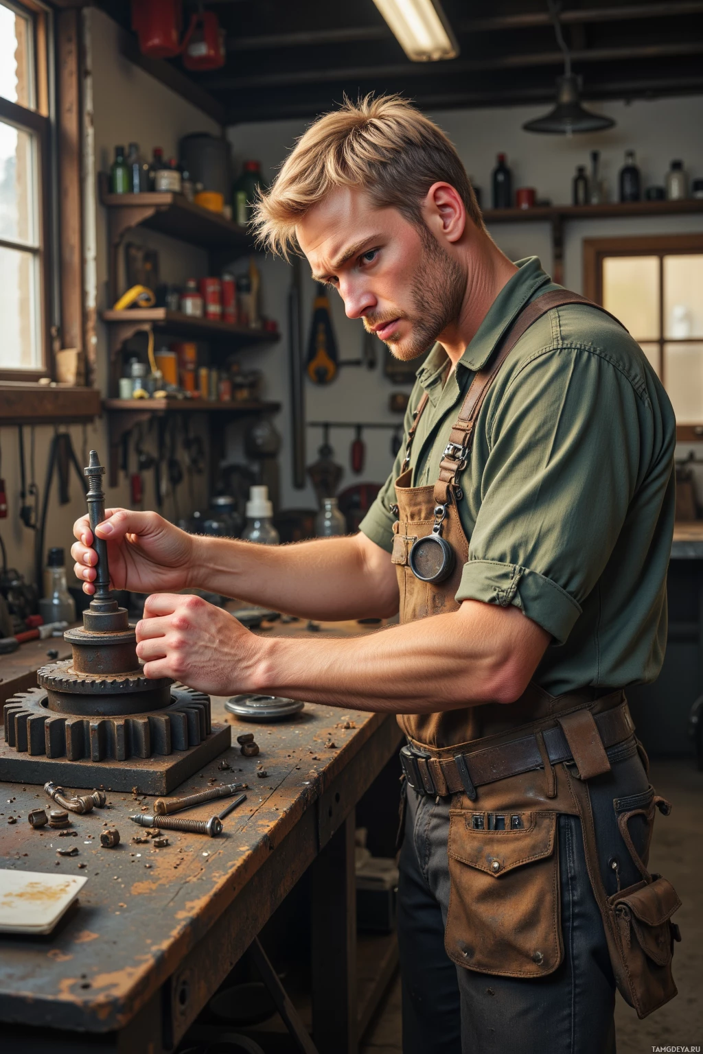 A man in a workshop wearing an apron and working on a mechanical part.