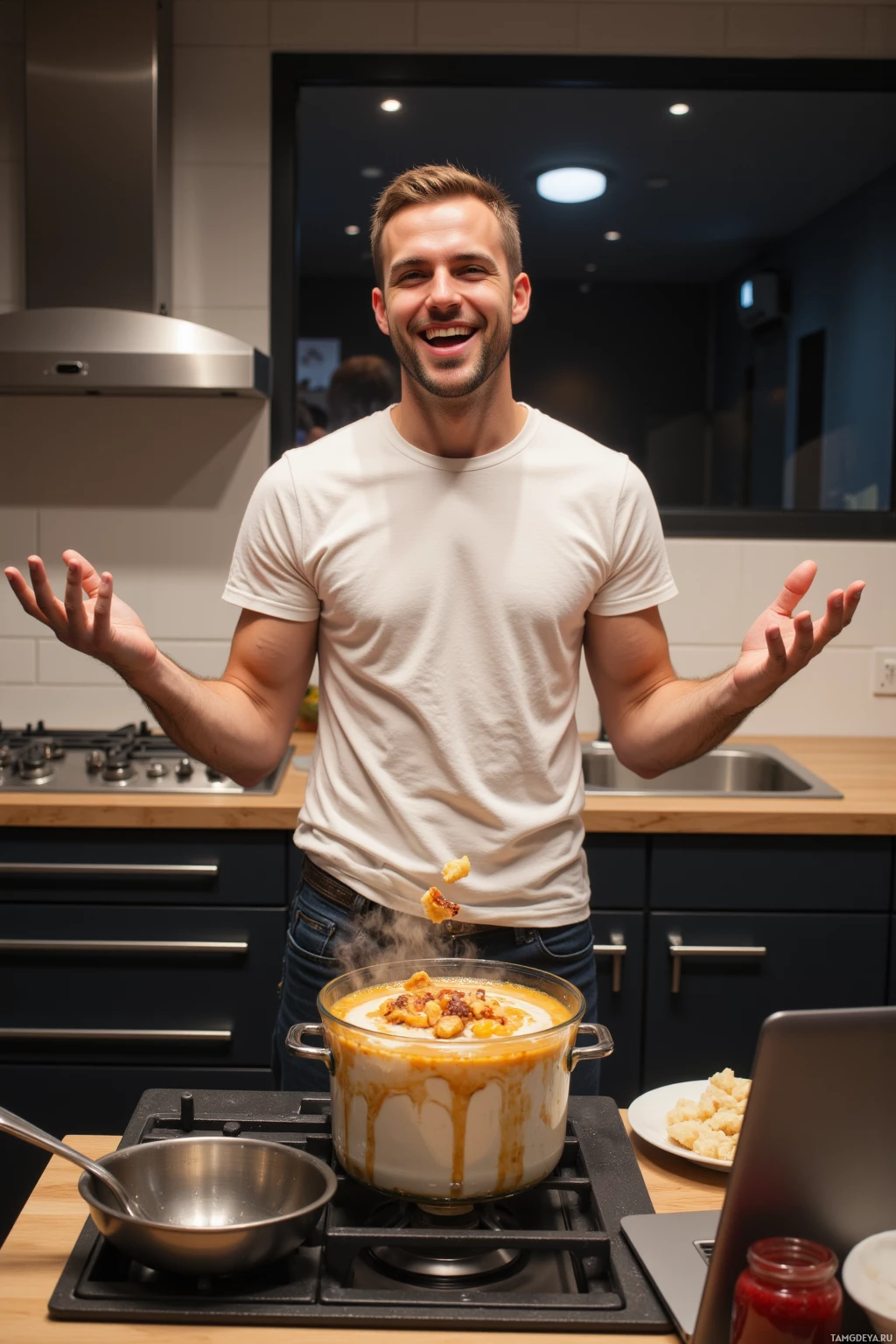 A man stands in a kitchen with a pot of food on the stove, smiling and gesturing with his hands.