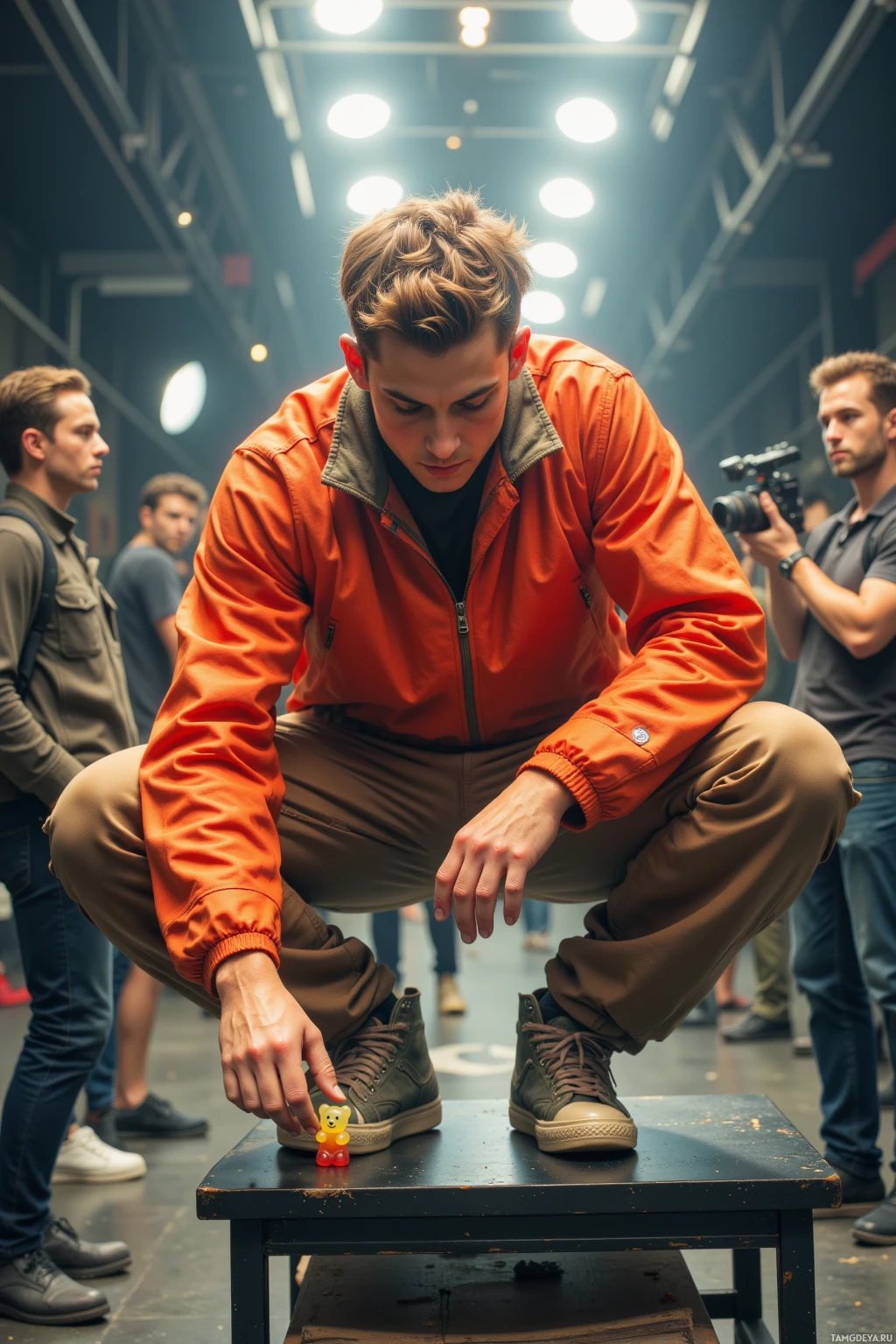A person in an orange jacket crouches to pick up a small toy bear from a table.