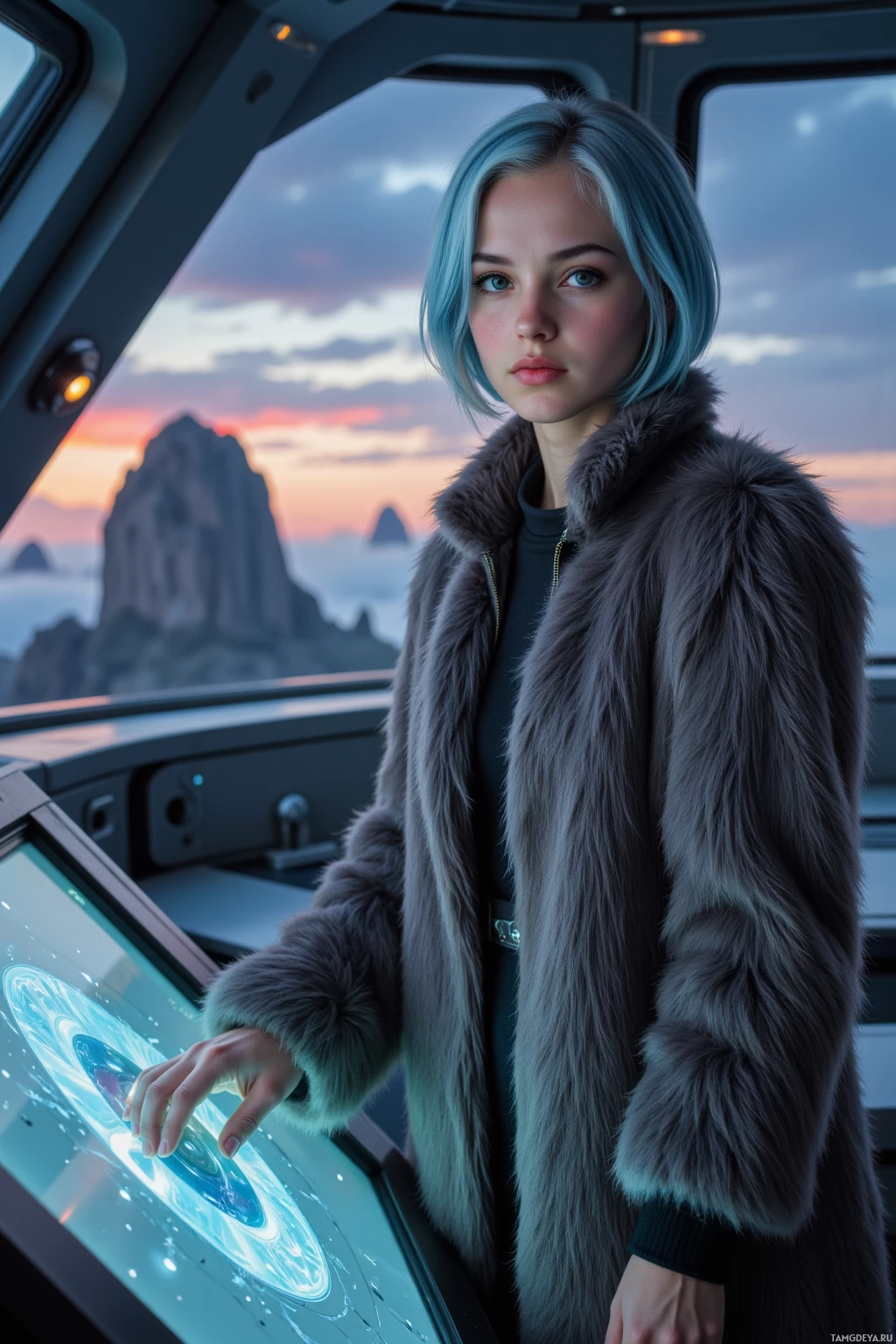 A person in a fur coat stands inside a futuristic vehicle, interacting with a glowing panel.