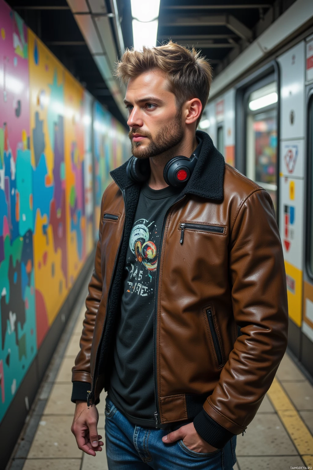 A man in a brown leather jacket and jeans stands in a subway station with colorful graffiti on the wall.