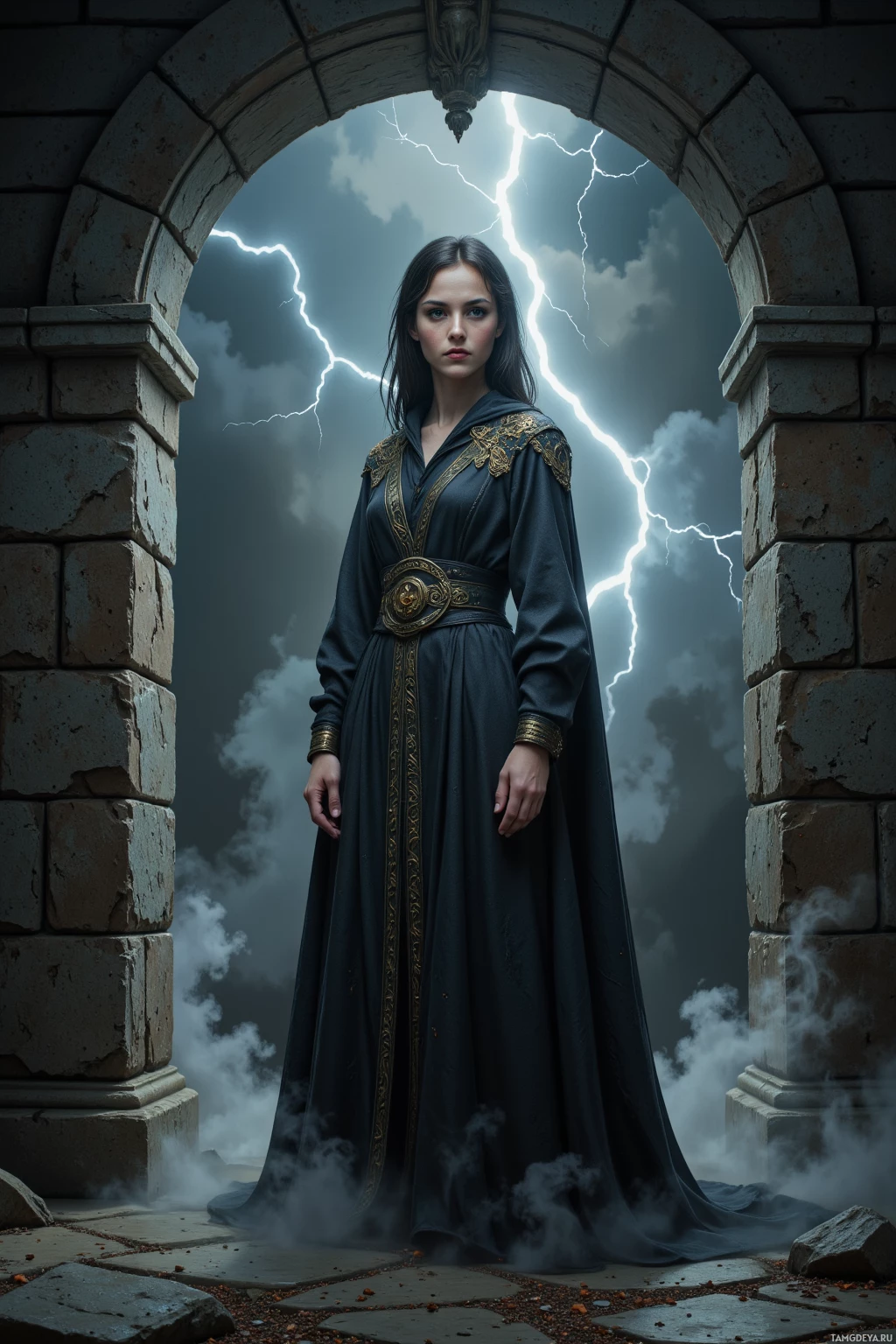 A woman in a dark, ornate gown stands under a stone archway with lightning striking in the background.