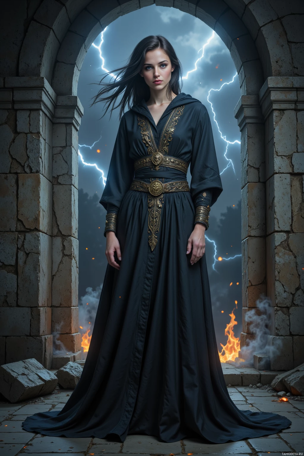 A woman in a dark, ornate robe stands in an archway with lightning and fire in the background.