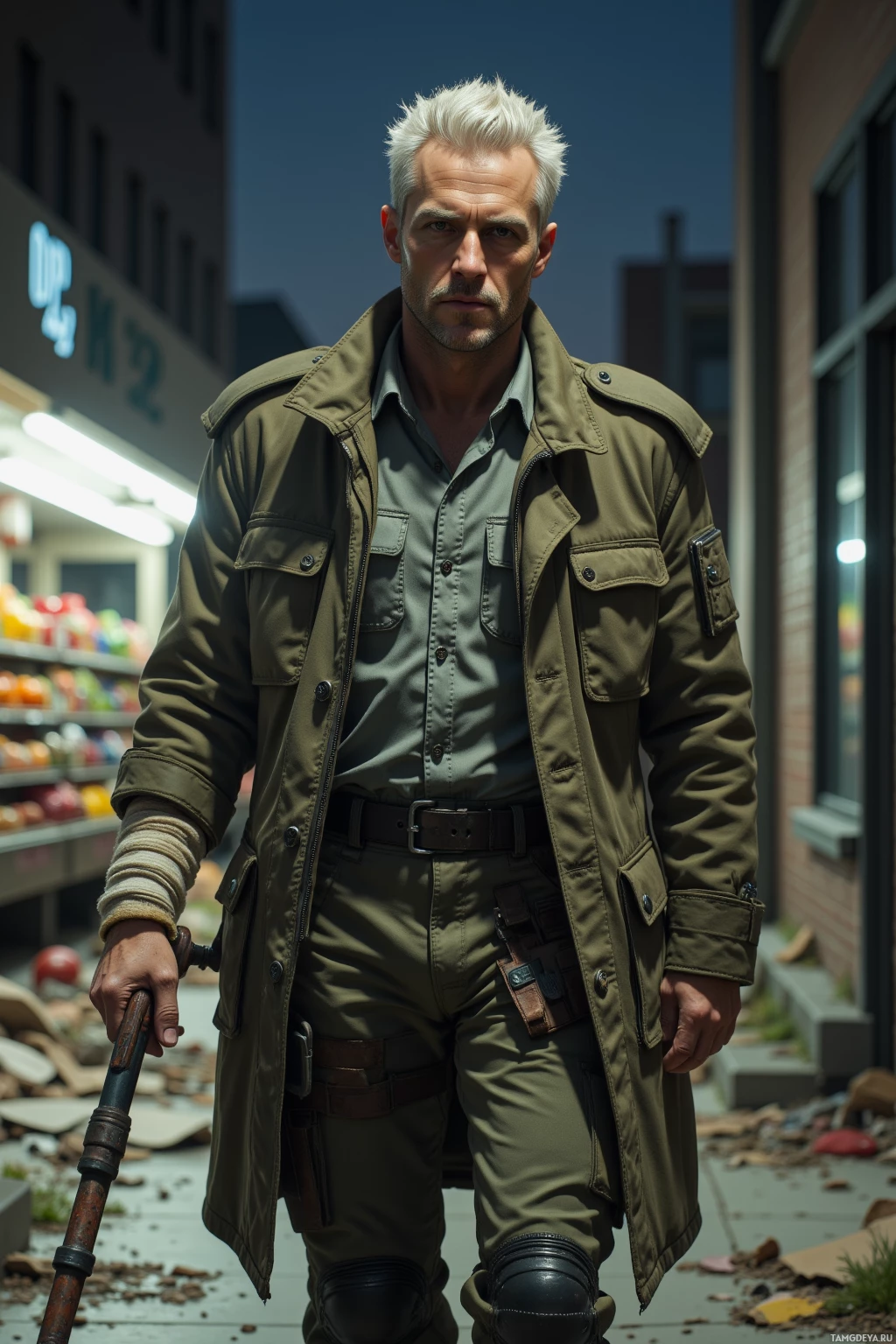 A man in a military-style outfit stands in an urban setting with debris on the ground.