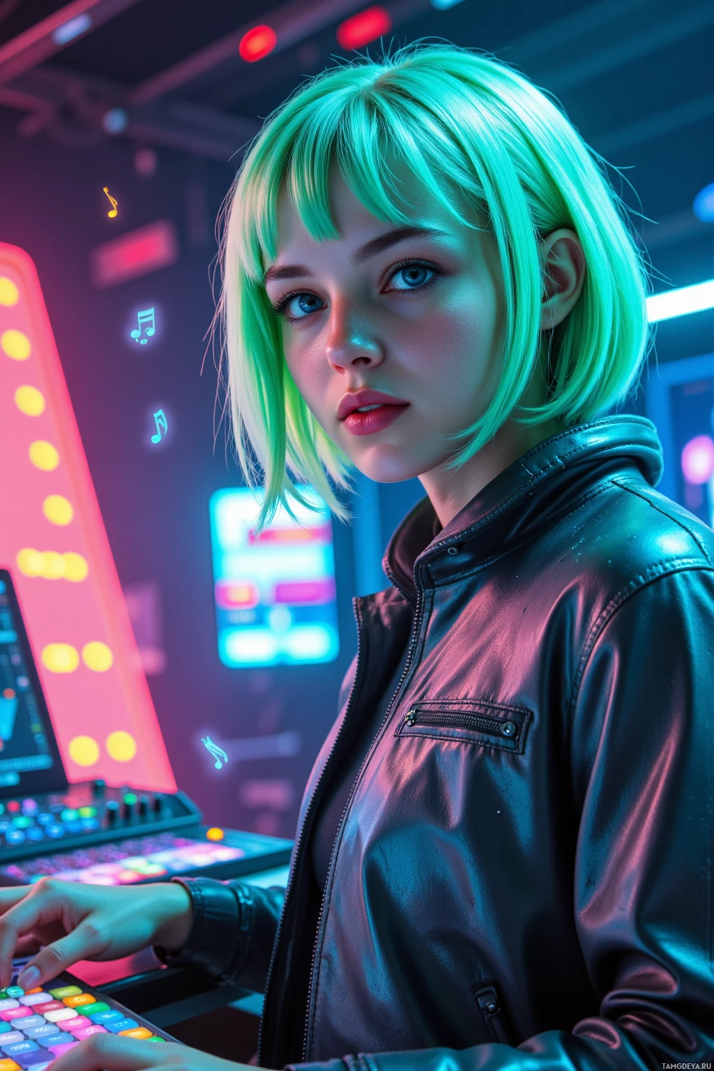 A person with short, light green hair wearing a black leather jacket is seated in a neon-lit environment, interacting with a colorful keyboard.