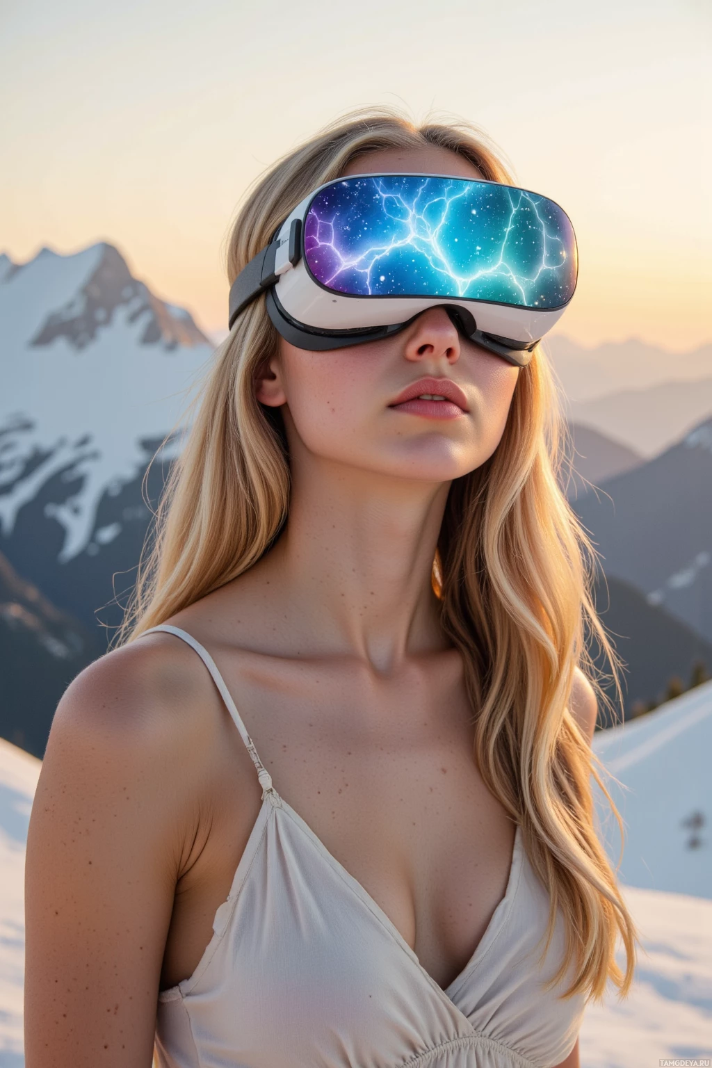 A person wearing futuristic glasses with a glowing design stands against a mountainous backdrop.