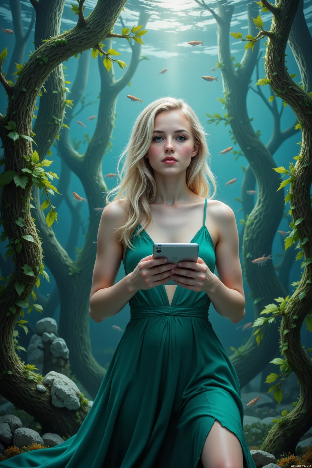 A woman in a green dress holds a phone in an underwater forest setting with fish swimming around.